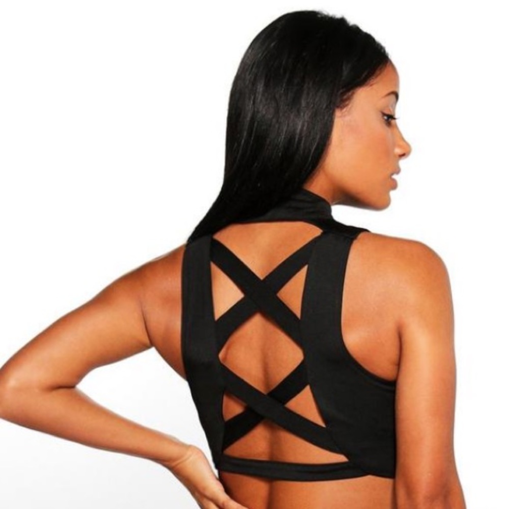 Fit Zip Cross Over Back Sports Bra Crop Top Black